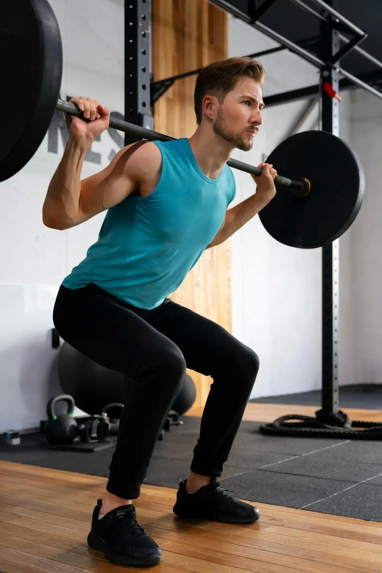 man squats with a barbell in the gym