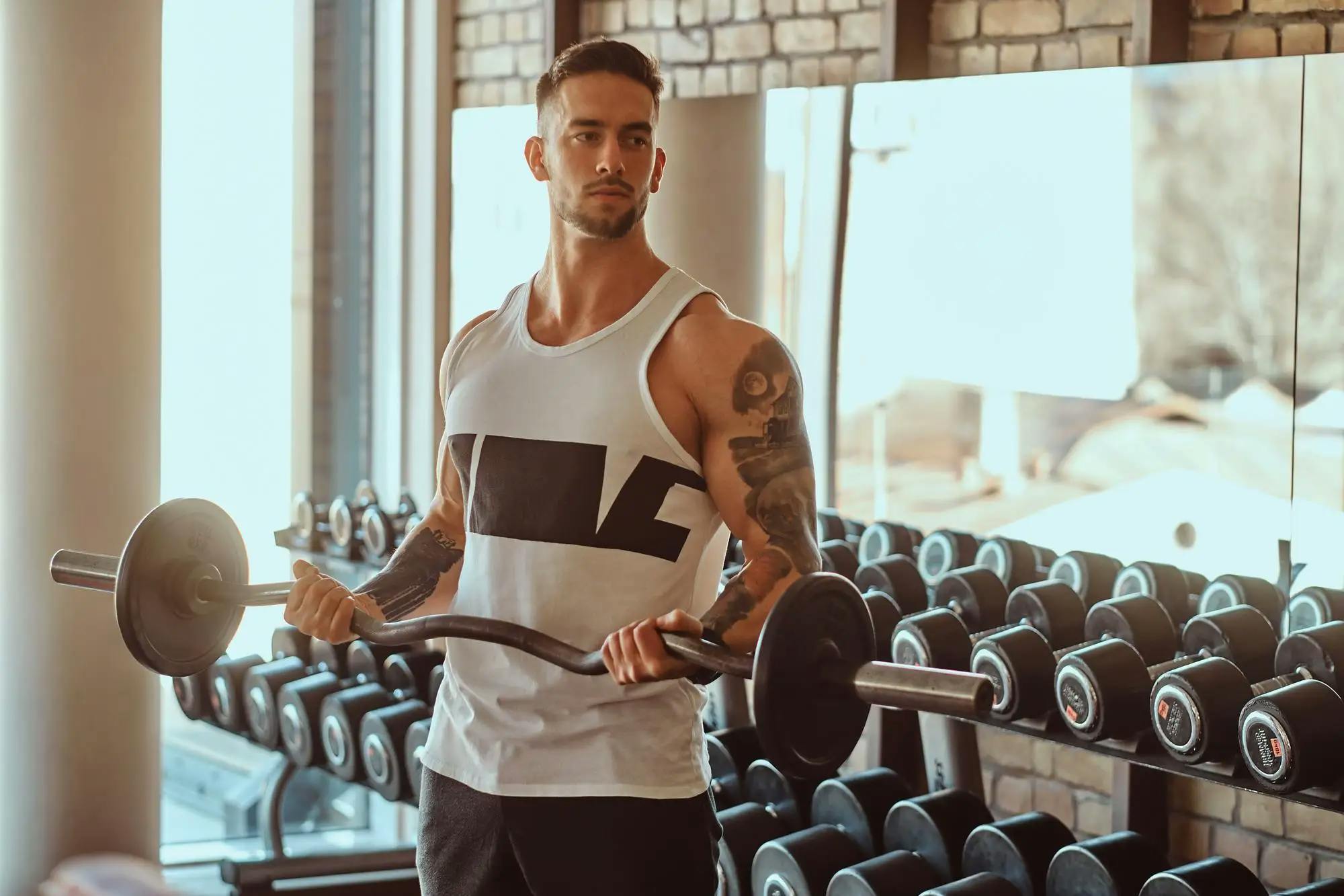 tattooed bodybuilder in gym pumping biceps